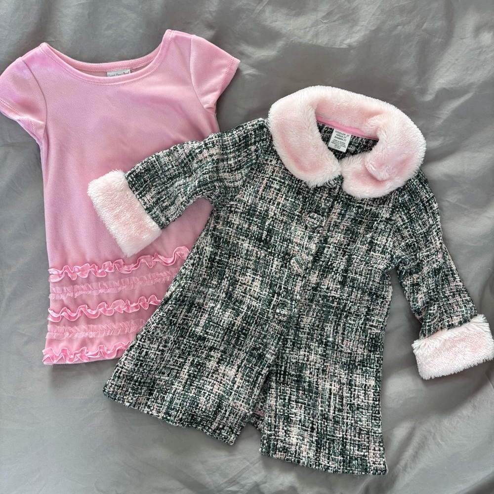 Girls Sweet Heart Rose Matching Set Coat and Dress Link and Grey 2T 24 months